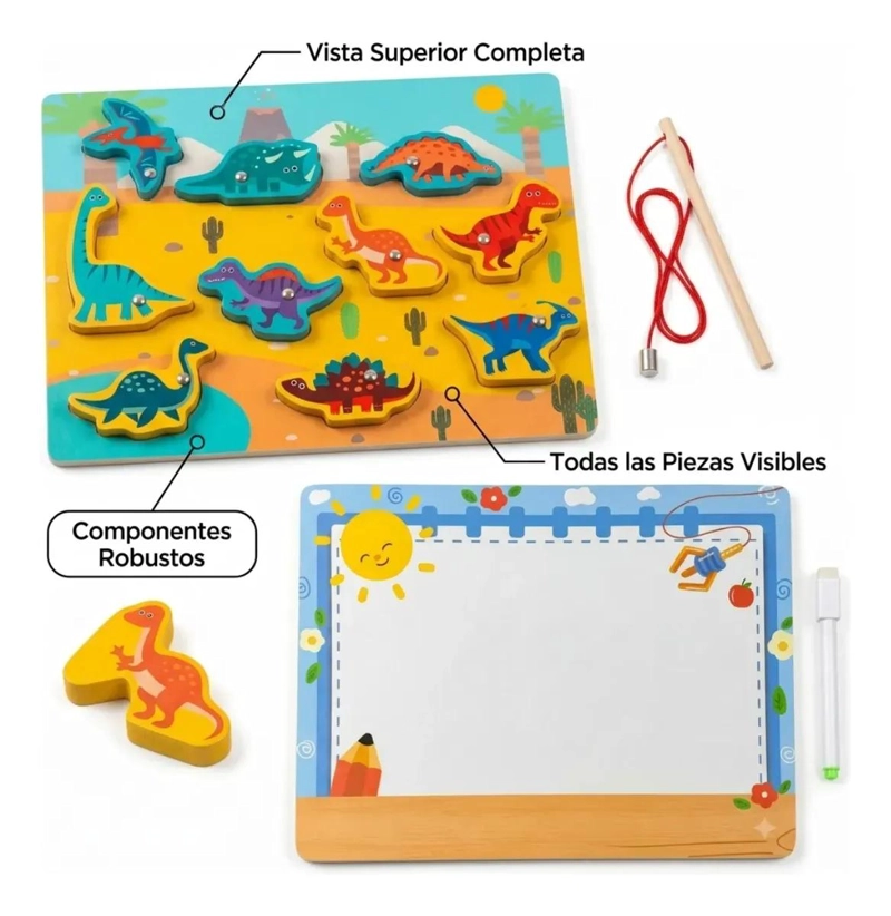 TABLERO DIDACTICO MADERA 3 EN 1 PARA NIÑOS CON DINOSAURIOS - 9