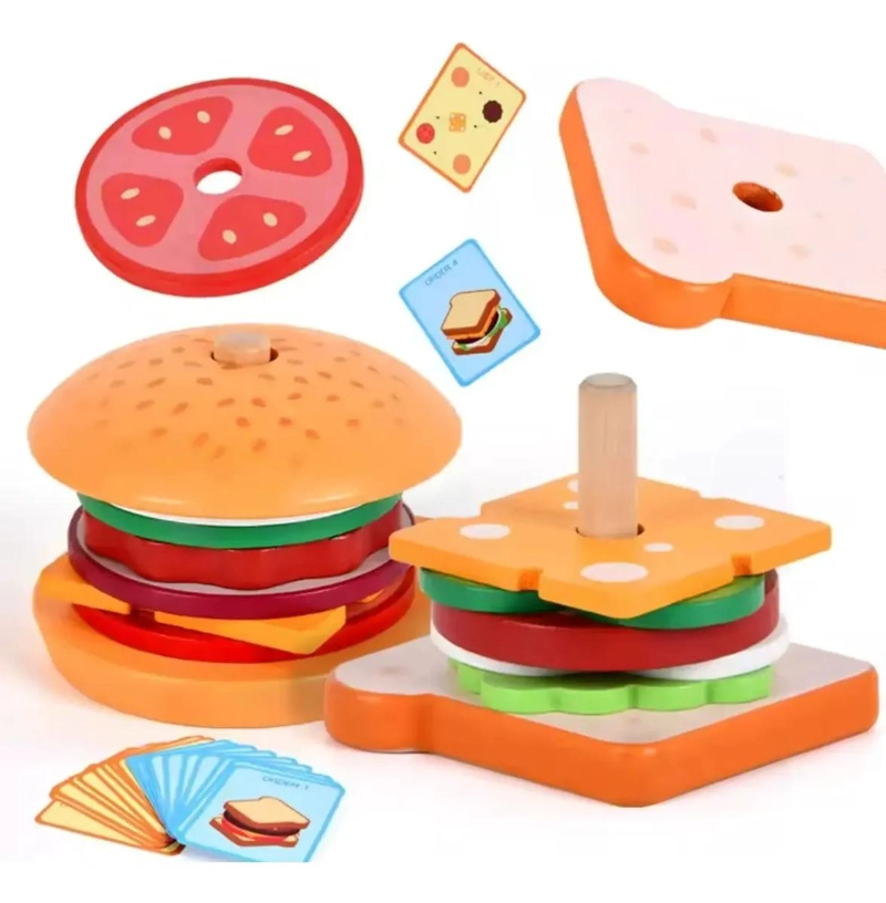 JUEGO DIDACTICO DE MADERA PARA ARMAR HAMBURGUESAS Y SANDWICHES - 2