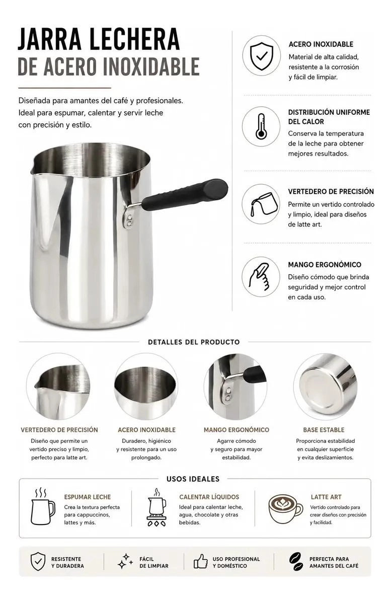 JARRA ESPUMADORA DE LECHE ACERO INOXIDABLE 600 ML CON VERTEDOR - 3