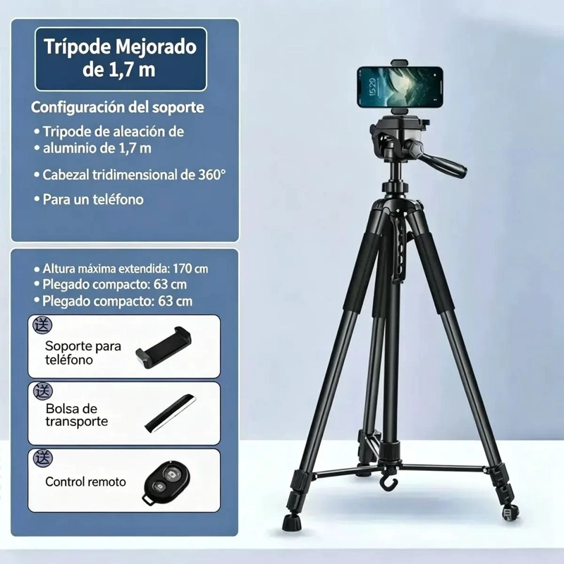TRIPODE PORTATIL AJUSTABLE PARA CAMARA Y MOVIL DE 170 CM - 4