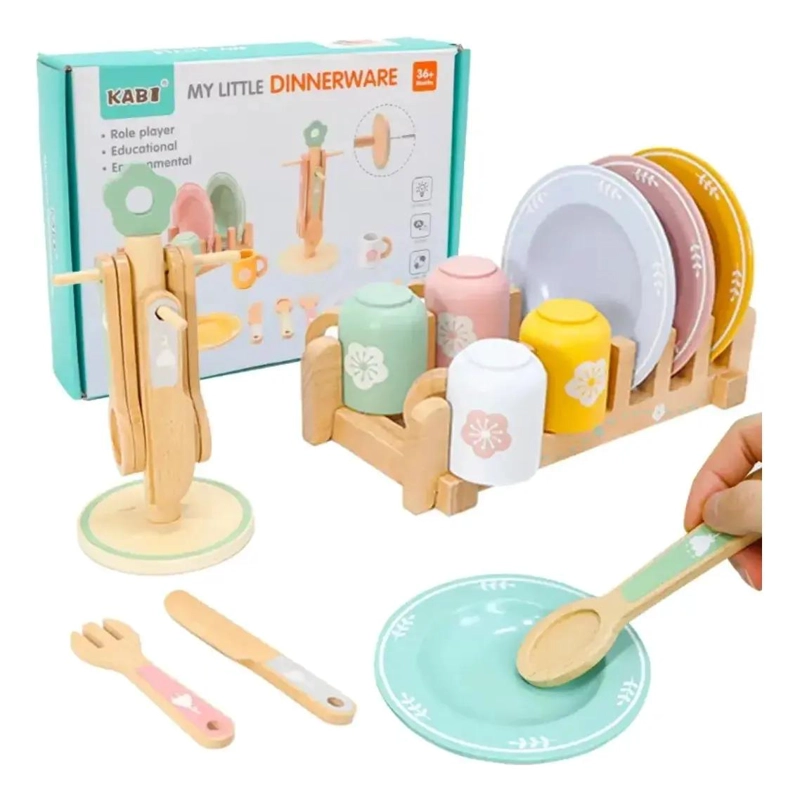 VAJILLA DE MADERA JUGUETE PARA NIÑOS 21 PIEZAS - 1
