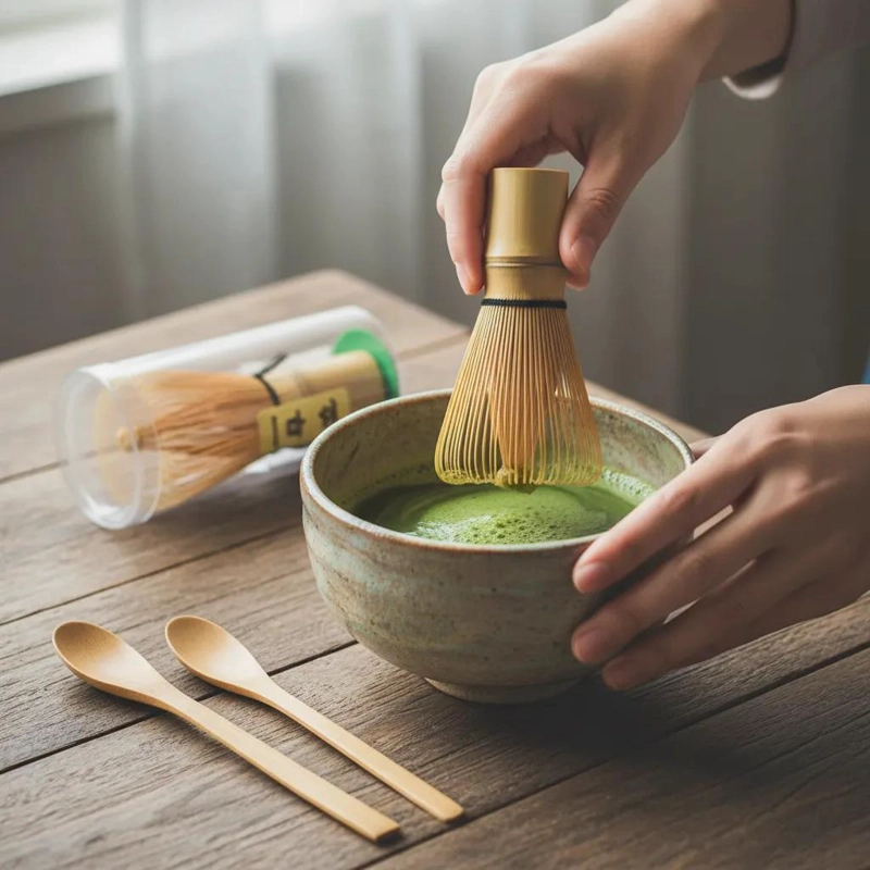 BATIDOR DE BAMBU ARTESANAL PARA PREPARAR TE  MATCHA CON CUCHARA INCLUIDA - 1