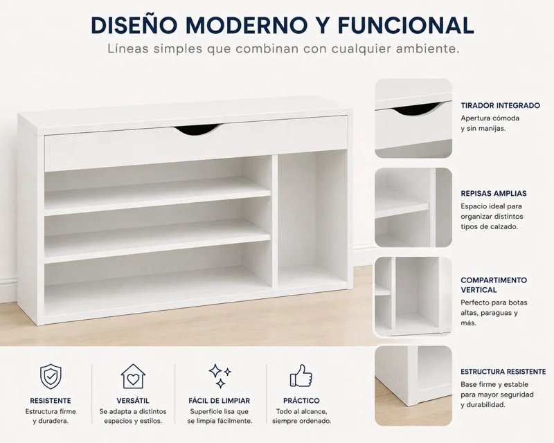 MUEBLE ORGANIZADOR DE CALZADO BLANCO PARA HOGAR - 6