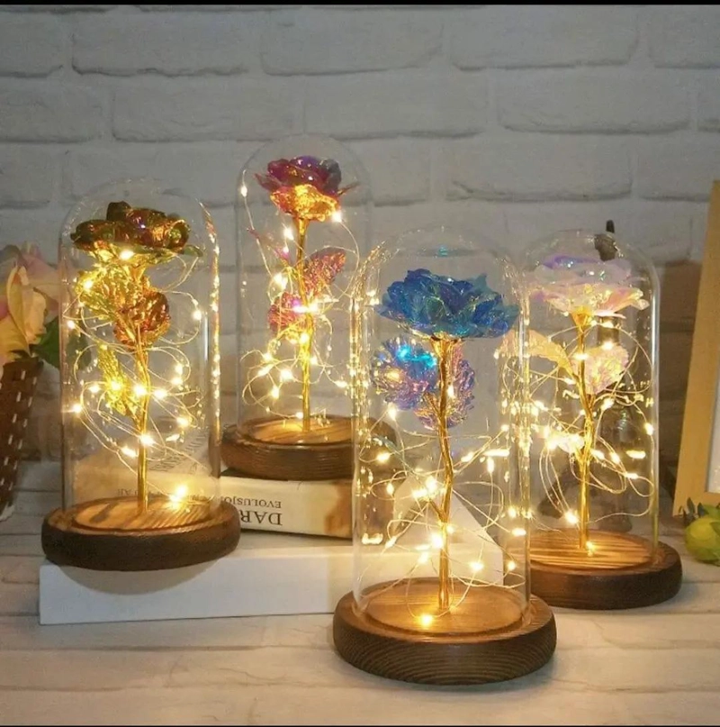 ROSA ETERNA ARTIFICIAL CON LUZ LED Y BASE DE MADERA - 1