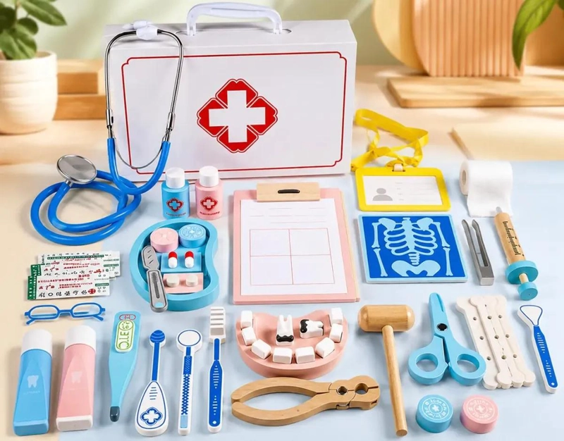 MALETIN DE MADERA CON 42 PIEZAS PARA JUEGO INFANTIL DE DENTISTA - 10