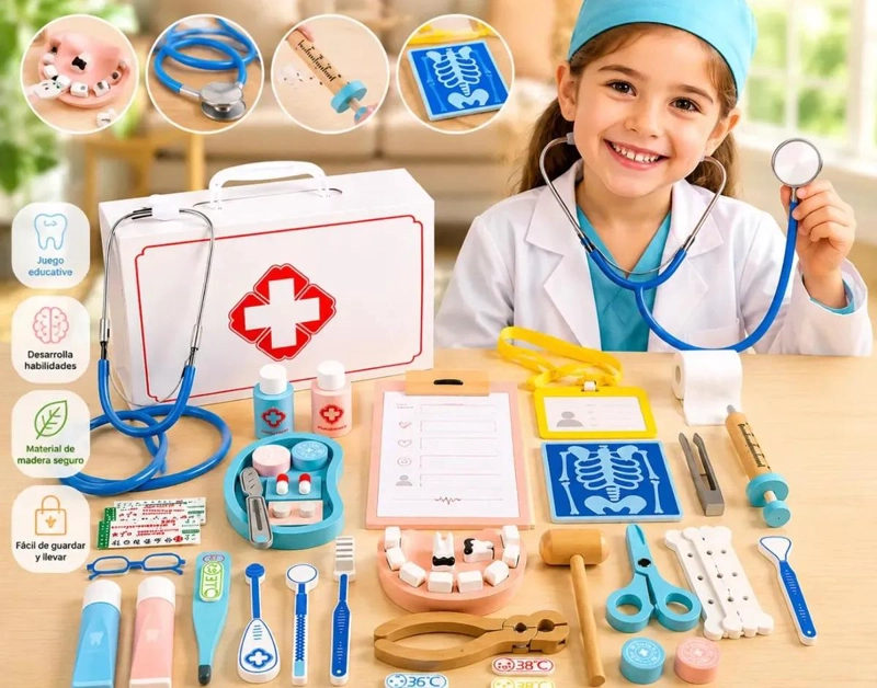 MALETIN DE MADERA CON 42 PIEZAS PARA JUEGO INFANTIL DE DENTISTA - 3