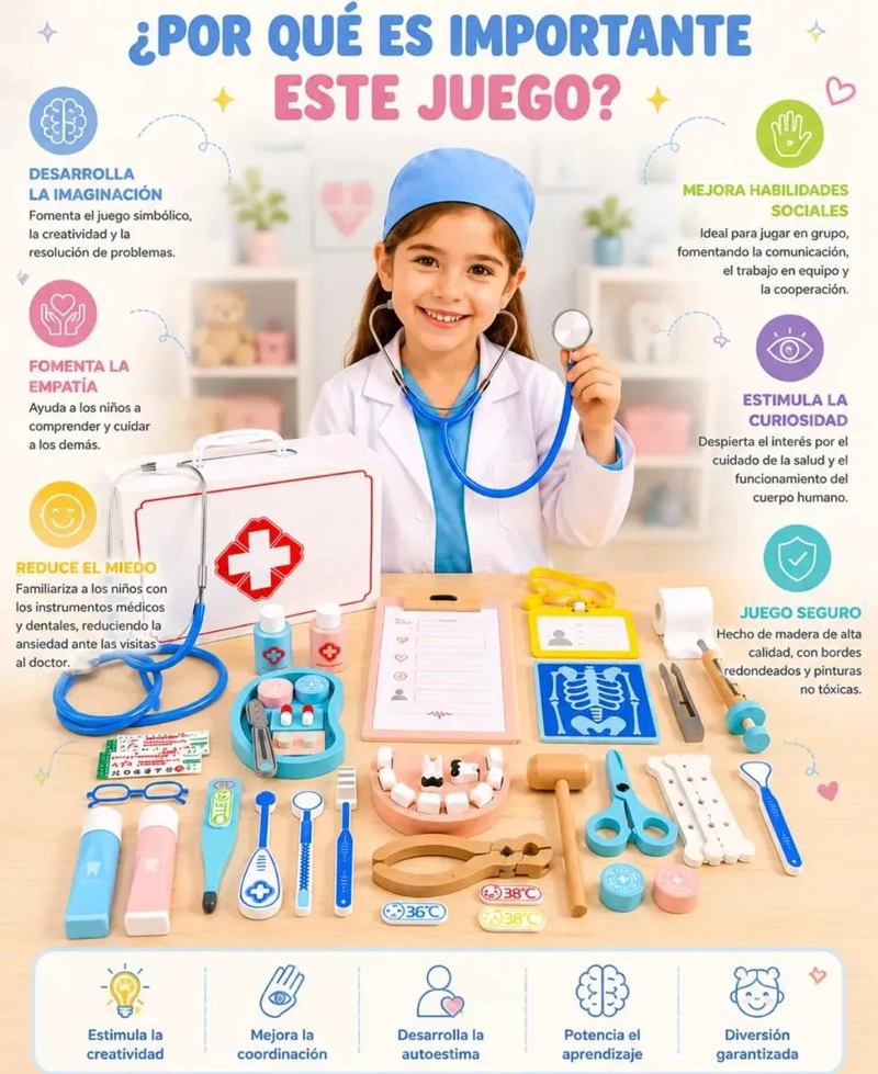 MALETIN DE MADERA CON 42 PIEZAS PARA JUEGO INFANTIL DE DENTISTA - 5