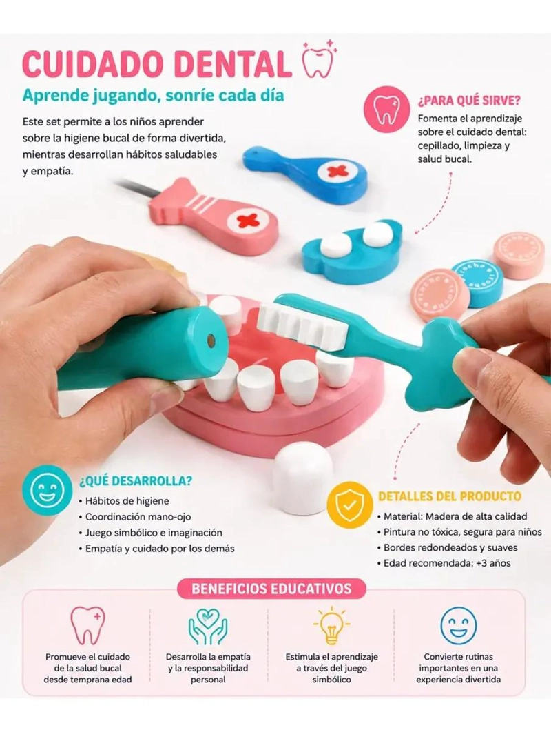 MALETIN DE MADERA CON 42 PIEZAS PARA JUEGO INFANTIL DE DENTISTA - 7
