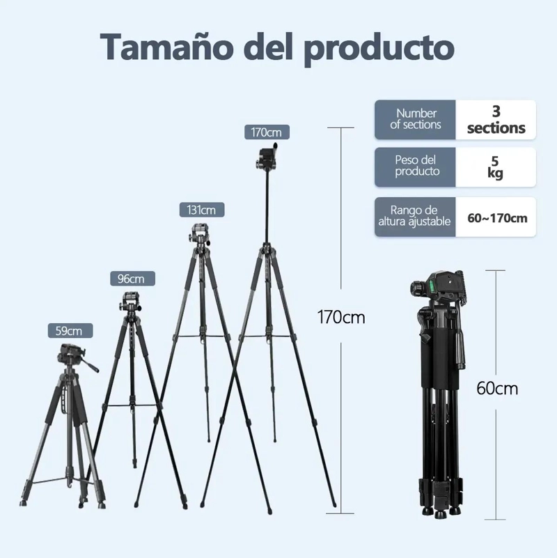 TRIPODE PROFESIONAL DE 1.7M PARA CAMARAS Y SMARTPHONES - 5