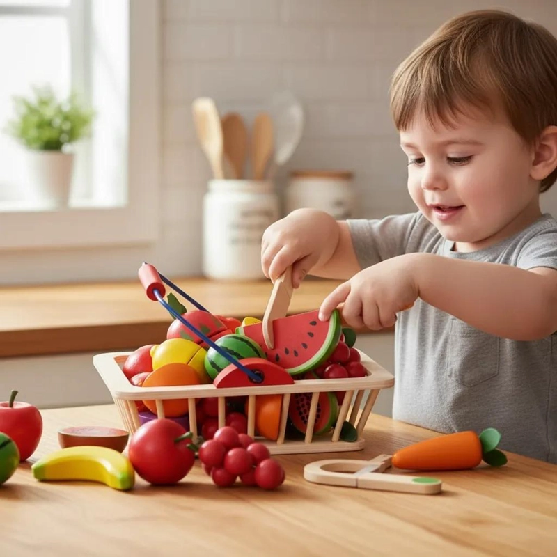 JUEGO DE CANASTO CON FRUTAS Y VERDURAS DE MADERA 16 PIEZAS - 1