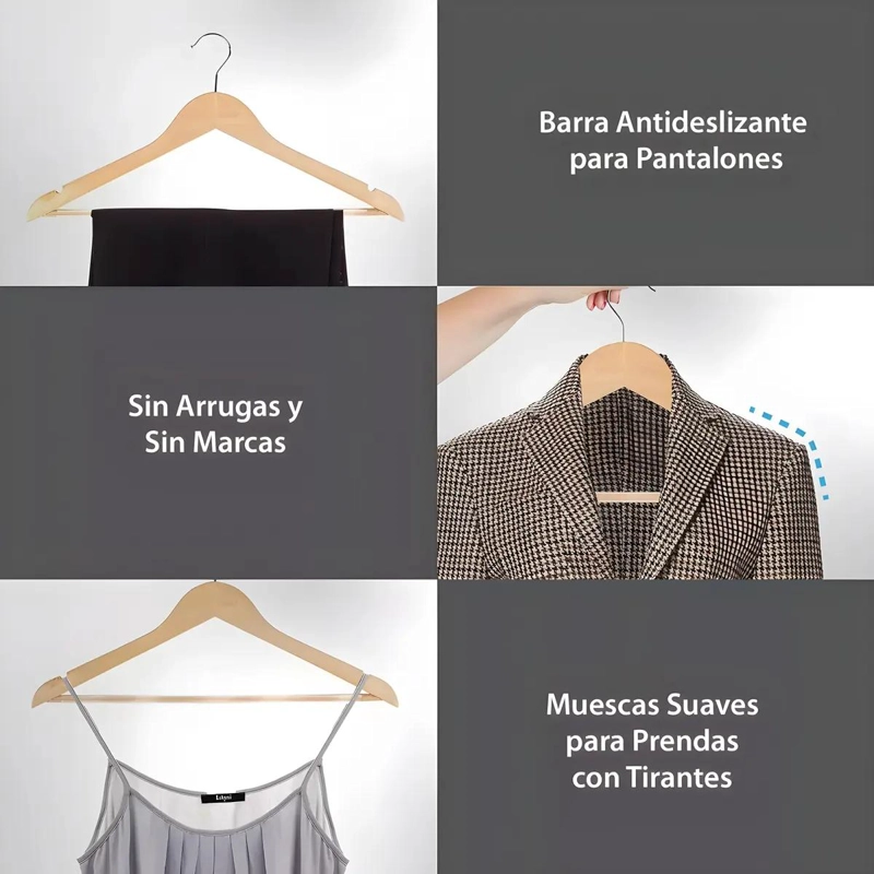 PACK DE 15 COLGADORES DE MADERA ANTIDESLIZANTES PARA ROPA - 7
