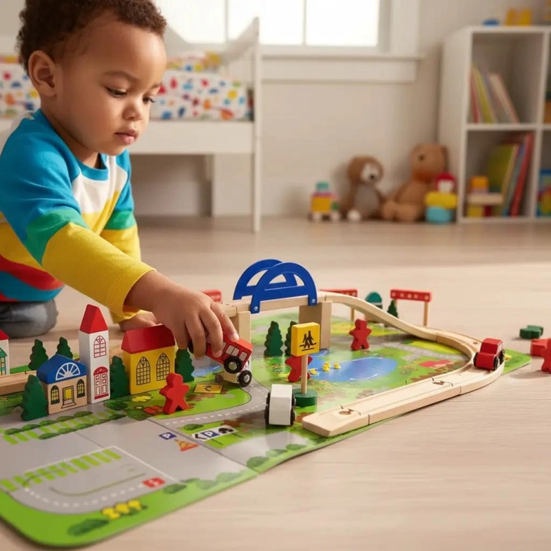 PISTA DE AUTOS CON PUENTE DE MADERA PARA JUGAR Y APRENDER - 1
