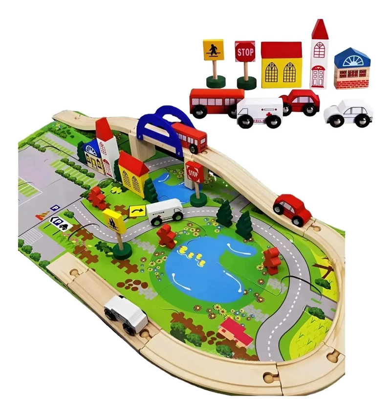 PISTA DE AUTOS CON PUENTE DE MADERA PARA JUGAR Y APRENDER - 4