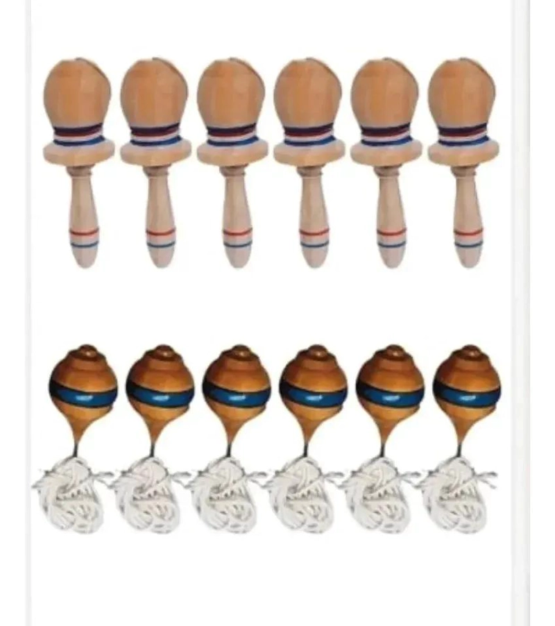 PACK DE 6 TROMPOS Y EMBOQUES DE MADERA PARA JUEGOS TRADICIONALES - 1