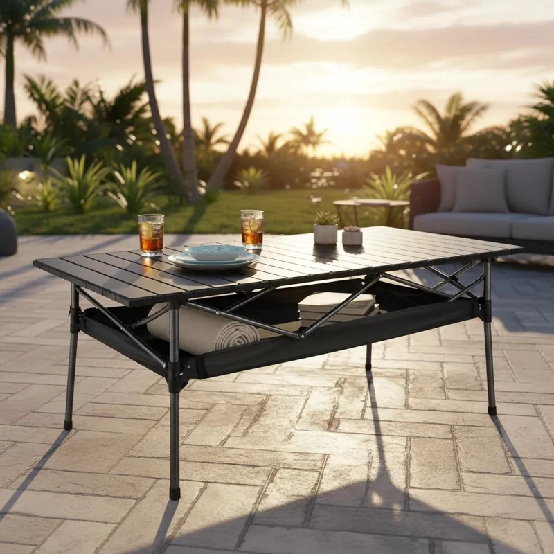MESA PLEGABLE NEGRA 120X56 CM CON ORGANIZADOR PARA EXTERIOR - 1