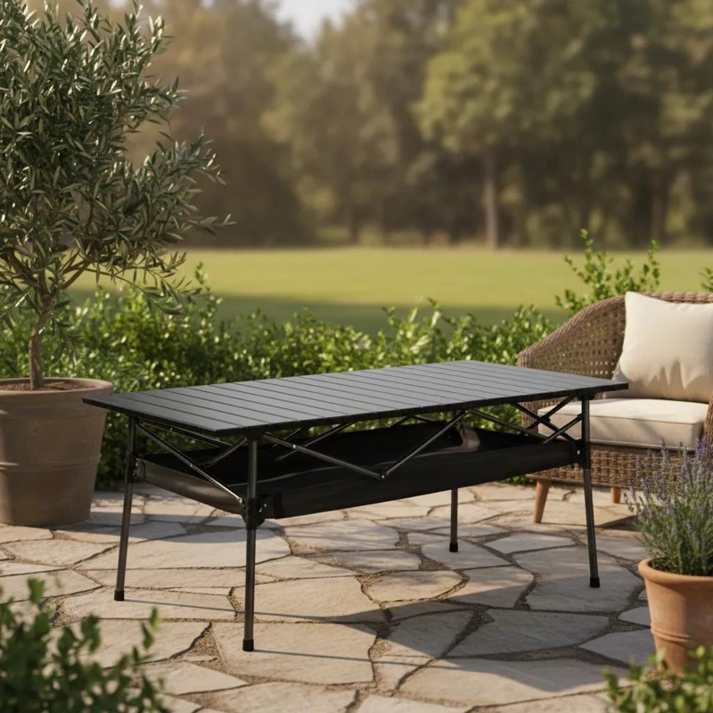 MESA PLEGABLE NEGRA 120X56 CM CON ORGANIZADOR PARA EXTERIOR - 2