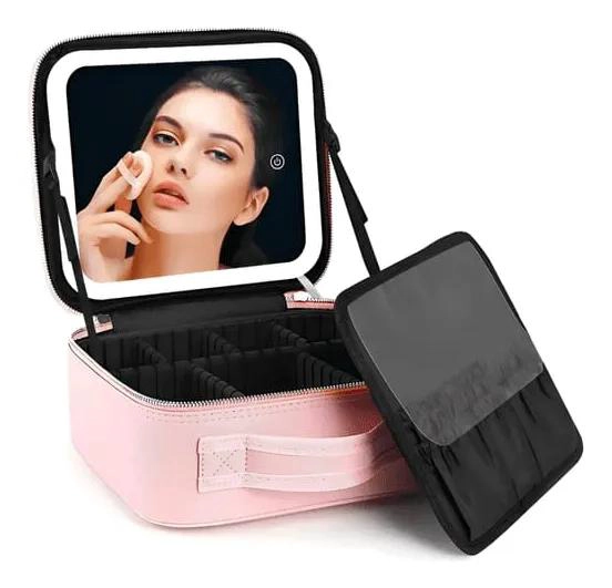 BOLSO DE MAQUILLAJE CON LUZ LED RECARGABLE EN ROSA Y NEGRO - 1