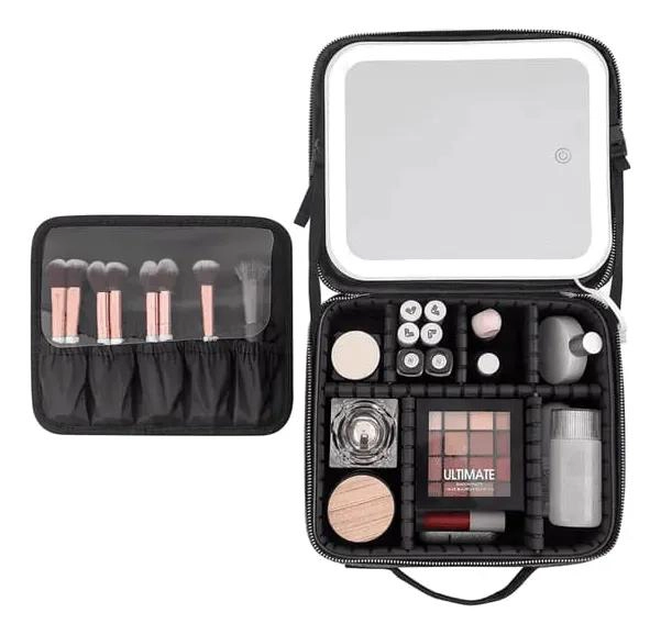 BOLSO DE MAQUILLAJE CON LUZ LED RECARGABLE EN ROSA Y NEGRO - 2