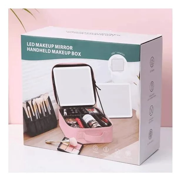 BOLSO DE MAQUILLAJE CON LUZ LED RECARGABLE EN ROSA Y NEGRO - 3