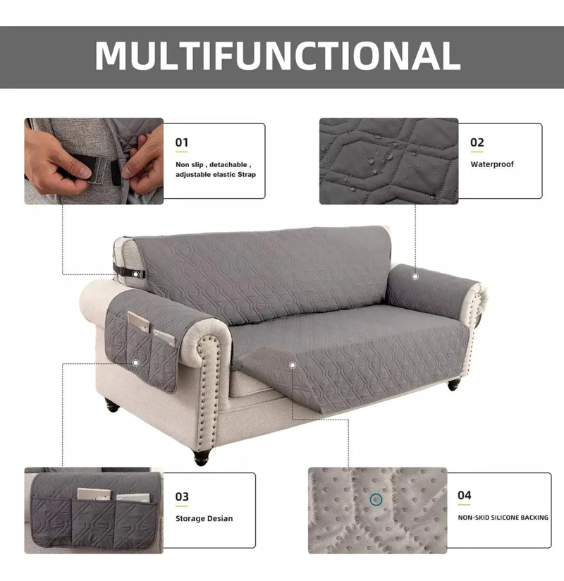 FUNDA IMPERMEABLE PARA SOFA DE 3 PLAZAS CON PROTECCION ANTIDESLIZANTE Y BOLSOS - 3