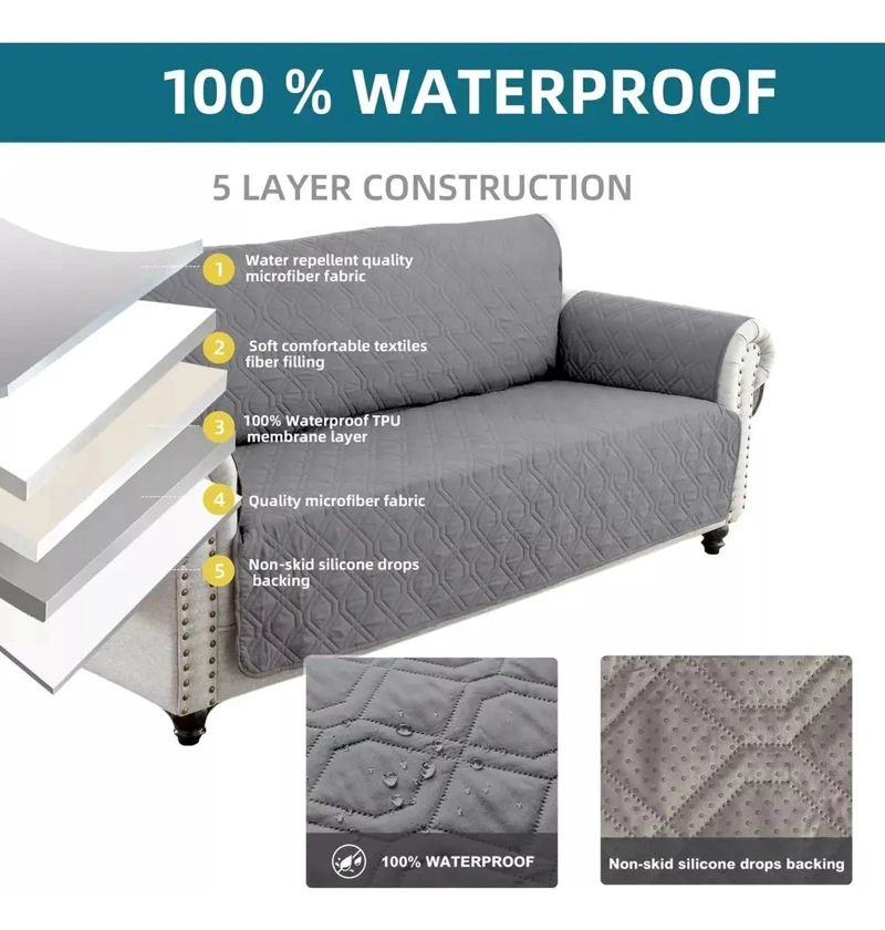 FUNDA IMPERMEABLE PARA SOFA DE 3 PLAZAS CON PROTECCION ANTIDESLIZANTE Y BOLSOS - 7