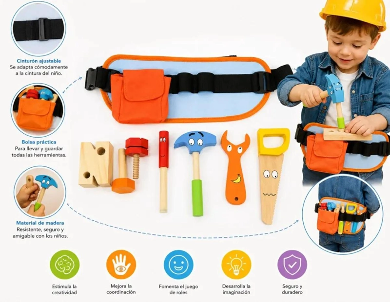 SET DE HERRAMIENTAS DE MADERA INFANTIL CON CINTURON AJUSTABLE - 4