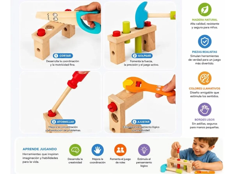 SET DE HERRAMIENTAS DE MADERA INFANTIL CON CINTURON AJUSTABLE - 7