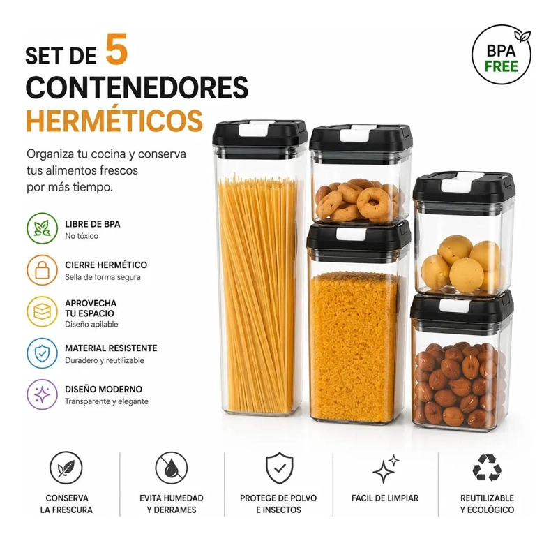 SET DE 5 CONTENEDORES HERME TICOS PARA ALIMENTOS EN COCINA - 2