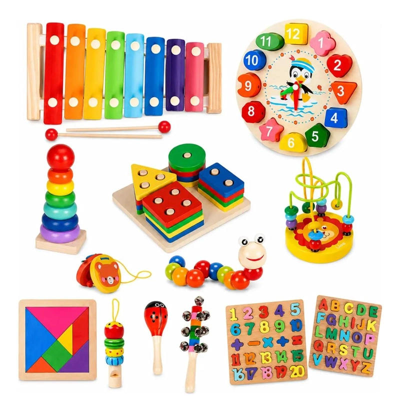 SET DE 13 JUGUETES DIDACTICOS DE MADERA PARA APRENDIZAJE INFANTIL - 1