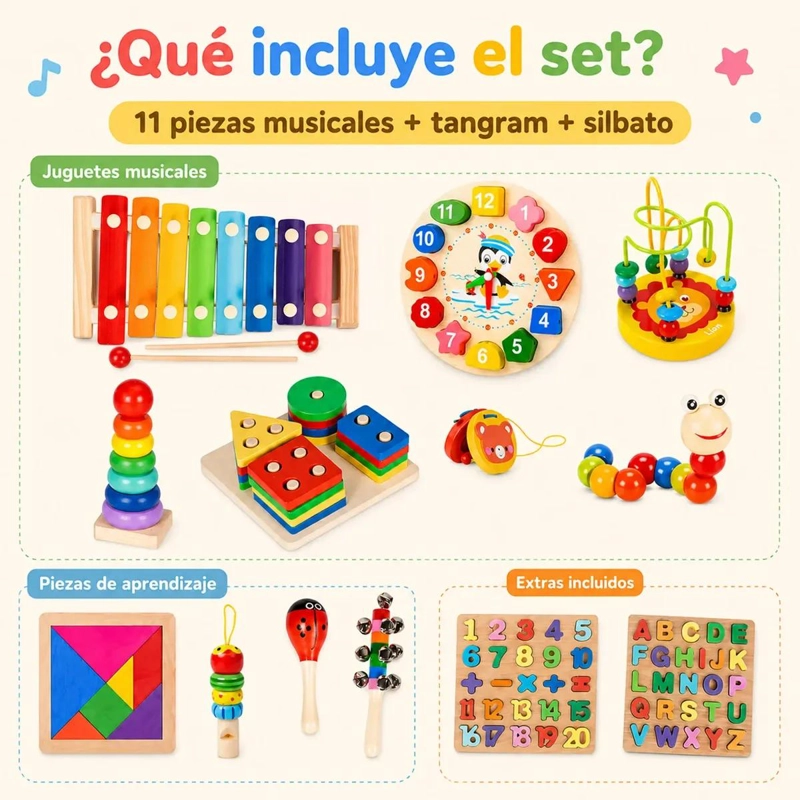 SET DE 13 JUGUETES DIDACTICOS DE MADERA PARA APRENDIZAJE INFANTIL - 2