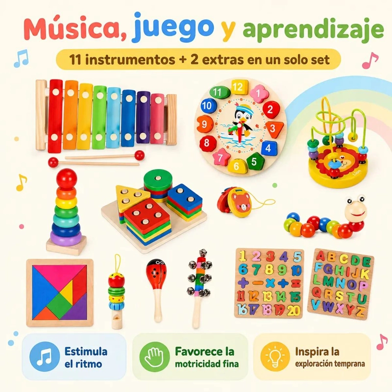SET DE 13 JUGUETES DIDACTICOS DE MADERA PARA APRENDIZAJE INFANTIL - 3