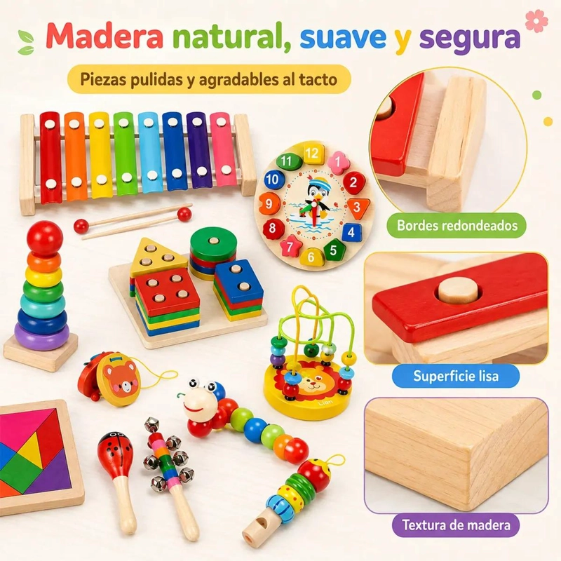 SET DE 13 JUGUETES DIDACTICOS DE MADERA PARA APRENDIZAJE INFANTIL - 4