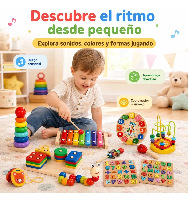SET DE 13 JUGUETES DIDACTICOS DE MADERA PARA APRENDIZAJE INFANTIL - 6