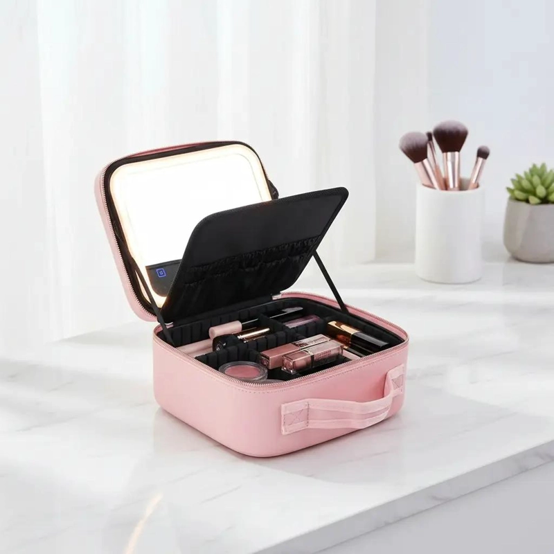 BOLSO DE MAQUILLAJE CON ESPEJO LED RECARGABLE Y COMPARTIMENTOS - 1