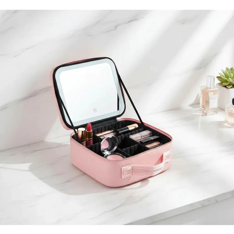 BOLSO DE MAQUILLAJE CON ESPEJO LED RECARGABLE Y COMPARTIMENTOS - 10