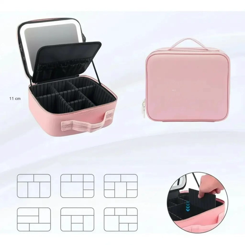 BOLSO DE MAQUILLAJE CON ESPEJO LED RECARGABLE Y COMPARTIMENTOS - 3