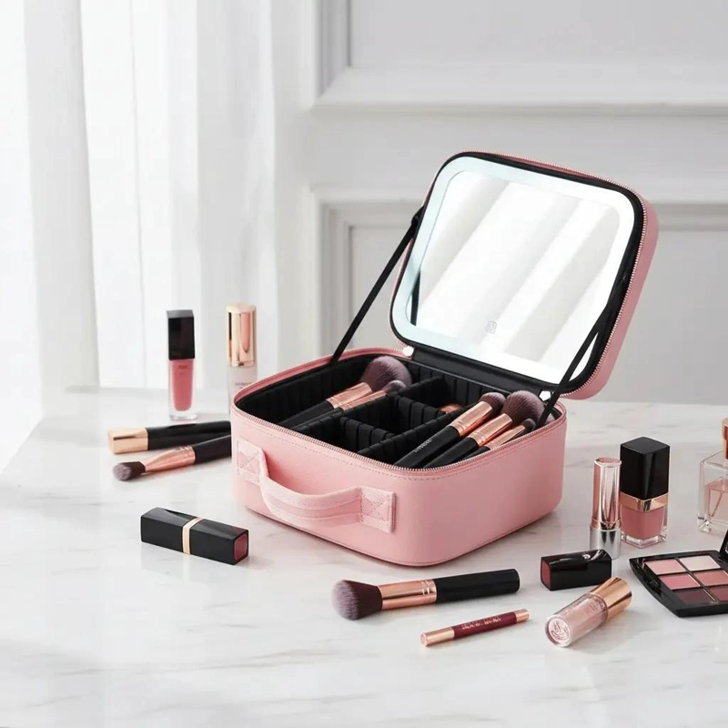 BOLSO DE MAQUILLAJE CON ESPEJO LED RECARGABLE Y COMPARTIMENTOS - 6