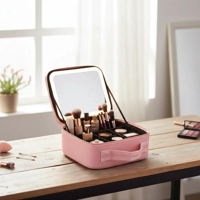 BOLSO DE MAQUILLAJE CON ESPEJO LED RECARGABLE Y COMPARTIMENTOS - 7