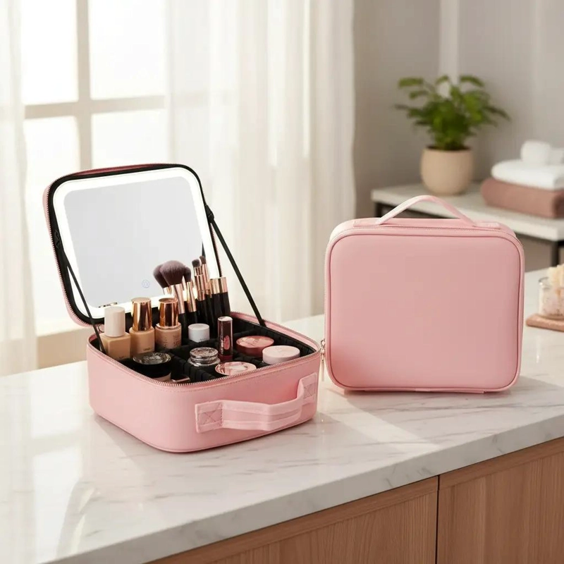 BOLSO DE MAQUILLAJE CON ESPEJO LED RECARGABLE Y COMPARTIMENTOS - 8