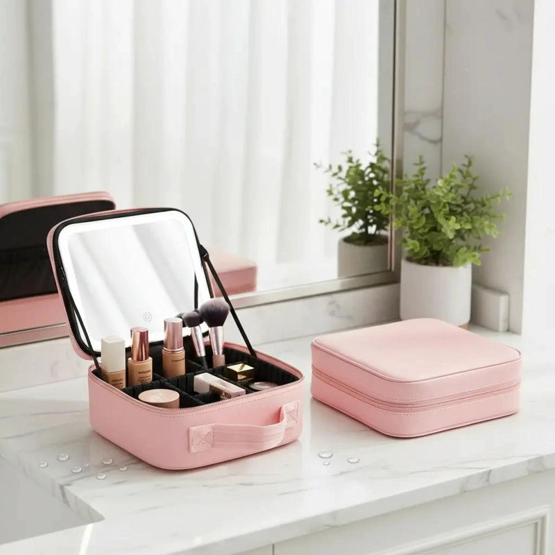 BOLSO DE MAQUILLAJE CON ESPEJO LED RECARGABLE Y COMPARTIMENTOS - 9