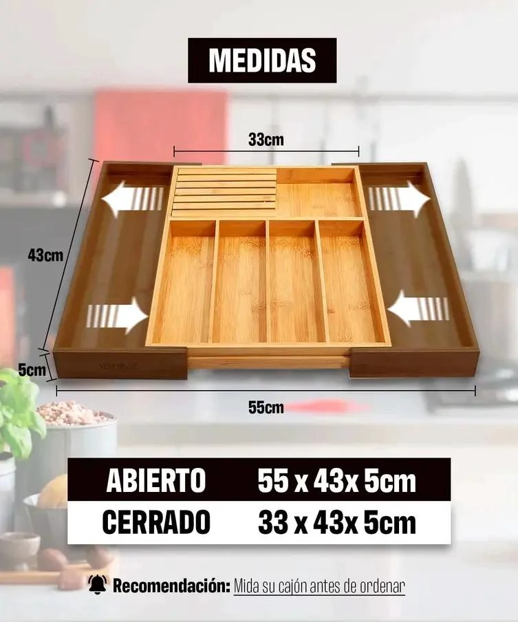 ORGANIZADOR DE CUBIERTOS DE BAMBU AJUSTABLE CON COMPARTIMENTOS - 2