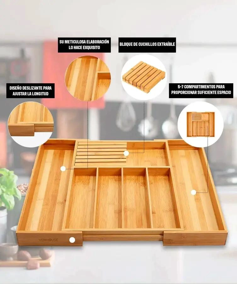 ORGANIZADOR DE CUBIERTOS DE BAMBU AJUSTABLE CON COMPARTIMENTOS - 3