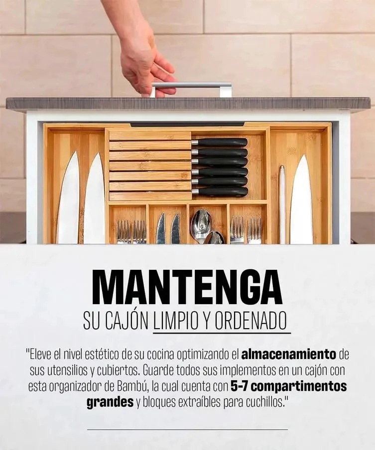 ORGANIZADOR DE CUBIERTOS DE BAMBU AJUSTABLE CON COMPARTIMENTOS - 4