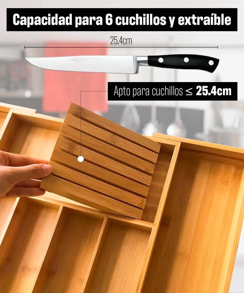 ORGANIZADOR DE CUBIERTOS DE BAMBU AJUSTABLE CON COMPARTIMENTOS - 5