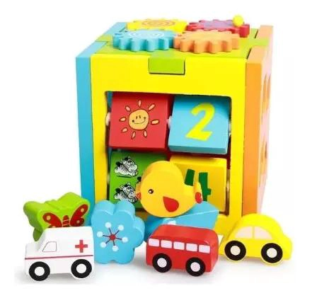 CUBO GIRATORIO DE MADERA CON ACTIVIDADES MULTICOLORES - 1