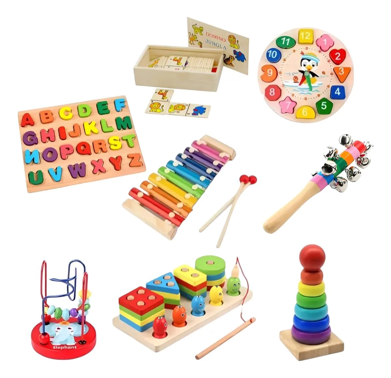 JUGUETES SENSORIALES DE MADERA PARA NIÑOS CON 8 PIEZAS - 1