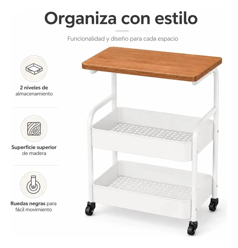 CARRITO ORGANIZADOR METALICO DE 2 NIVELES CON MESA DE MADERA - 4