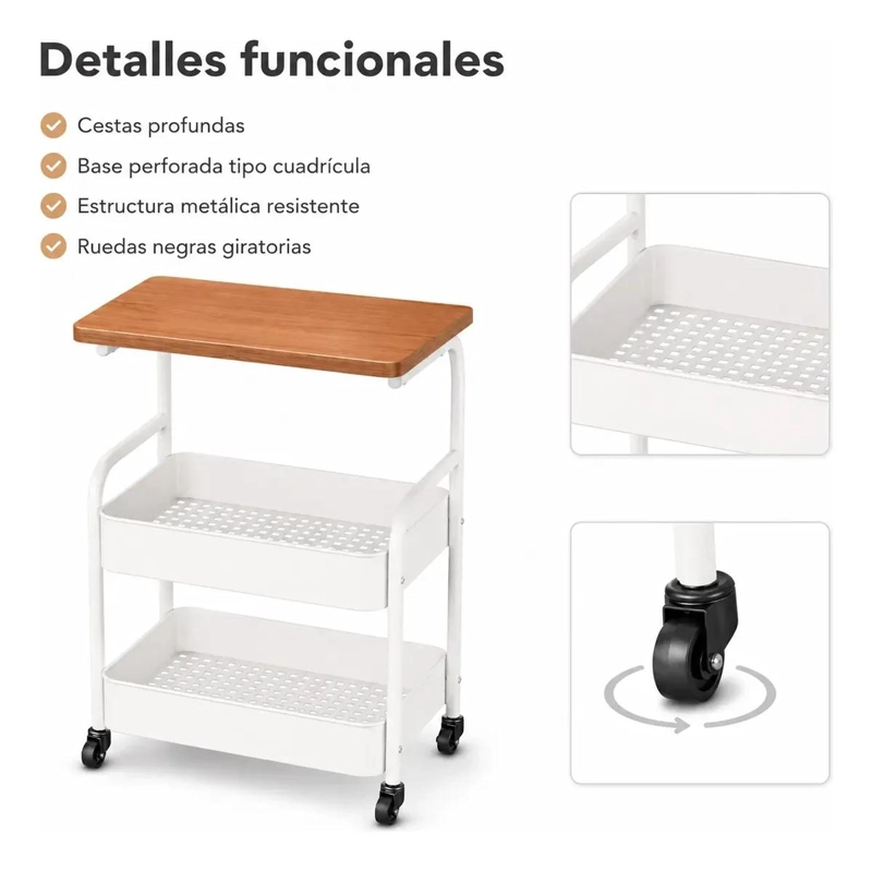 CARRITO ORGANIZADOR METALICO DE 2 NIVELES CON MESA DE MADERA - 6