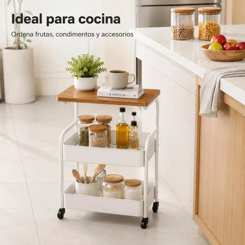 CARRITO ORGANIZADOR METALICO DE 2 NIVELES CON MESA DE MADERA - 7