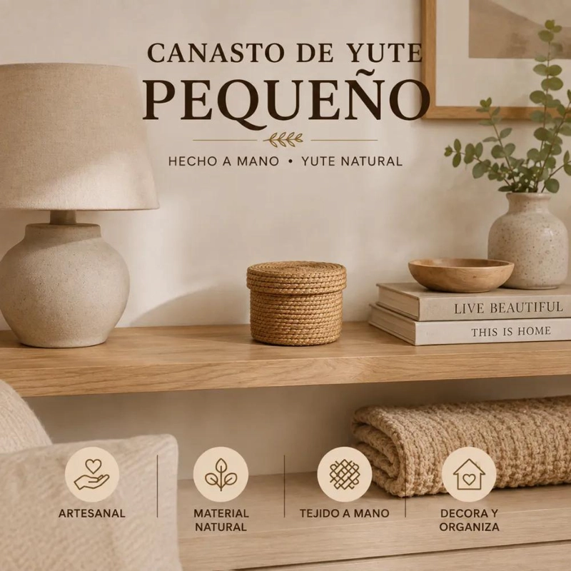 CANASTO DE YUTE TEJIDO CON TAPA PARA ORGANIZACION DEL HOGAR - 5
